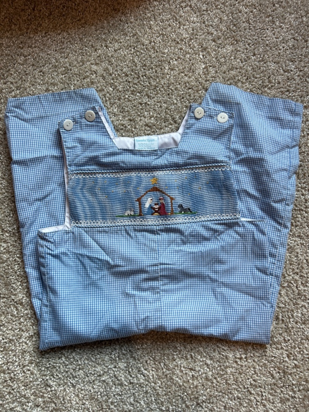 Blue Check Smocked Kids with Nativity Embroidery